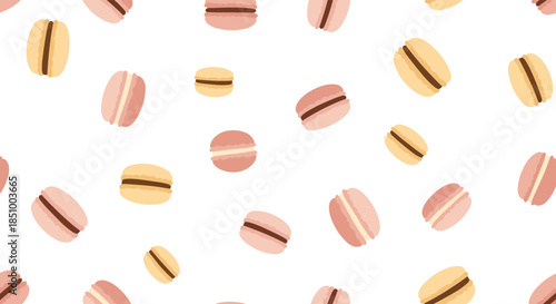 Seamless pattern of delicious pink and yellow French macarons scattered randomly across a clean, crisp white background illustration.