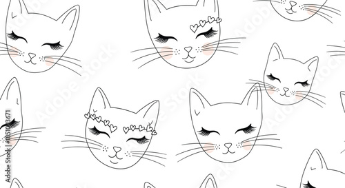Seamless pattern of adorable hand-drawn cat faces with long eyelashes and rosy cheeks on a clean white background vector design.
