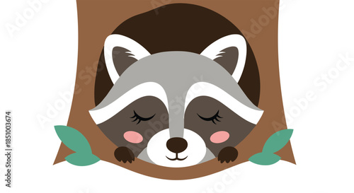 An adorable cartoon raccoon with rosy cheeks peacefully sleeping inside a cozy brown tree hollow against a white background.