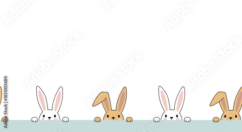 Adorable white and brown cartoon rabbits peeking over a soft blue-green border in a seamless, repeatable horizontal design.