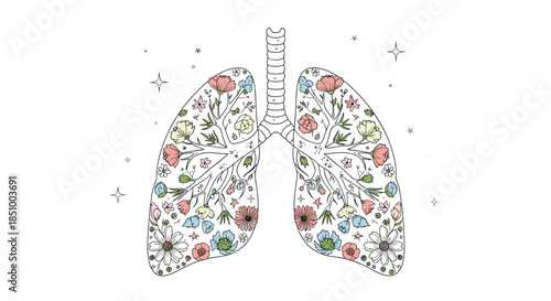 Creative and artistic illustration of human lungs filled with a variety of colorful blooming flowers on a clean white background.