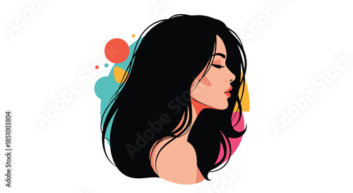 A beautiful and stylish portrait of a woman in profile with long black hair, complemented by colorful abstract shapes.