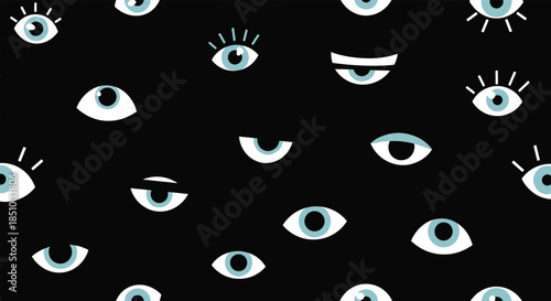 A modern and stylish seamless pattern of various cartoon and stylized blue eyes on a solid black background illustration.
