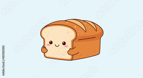 An adorable kawaii-style cartoon character of a loaf of sliced bread with a cute smiling face and little arms.