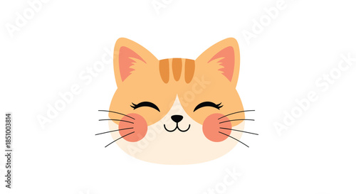 An adorable cartoon illustration of a happy and cute ginger tabby cat's face with rosy cheeks on a white background.