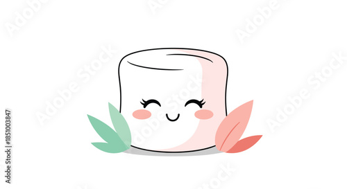 A sweet and simple illustration of a cute kawaii marshmallow character with a happy face, surrounded by small pastel leaves.