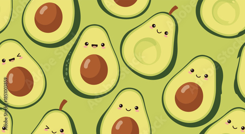A cute and healthy seamless pattern of cartoon avocado characters with happy faces on a vibrant green background design.