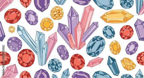 A vibrant and sparkling seamless pattern of various colorful gems, jewels, and crystals in different shapes and cuts.