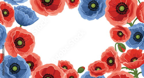 A beautiful floral frame made of vibrant red and blue poppy flowers with green stems, creating a border on a white background.