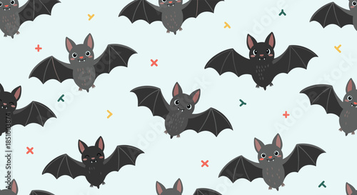 A cute and fun seamless pattern of cartoon bats with different happy expressions, flying on a light blue-green background.