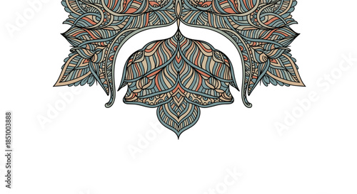 An intricate and symmetrical ornamental design with detailed patterns and lines in muted colors, suitable for a decorative border.