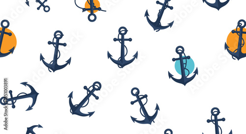A classic nautical seamless pattern of navy blue ship anchors scattered on a white background, some with colorful circle details.