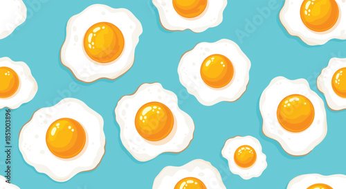 A bright and cheerful seamless pattern of sunny-side-up fried eggs scattered across a vibrant turquoise blue background.