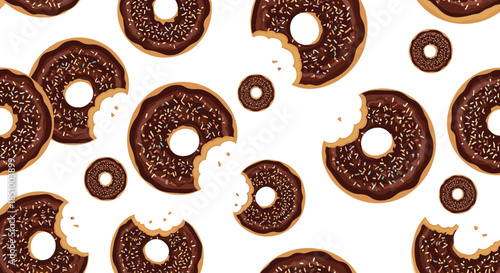 A delicious seamless pattern of chocolate-frosted donuts with colorful sprinkles, some with a bite taken out, on a white background.