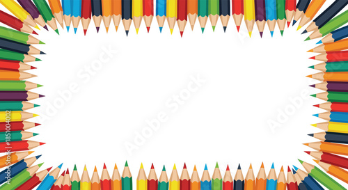 Rectangular frame made from a variety of brightly colored pencils pointing towards a blank white center space for text or images.
