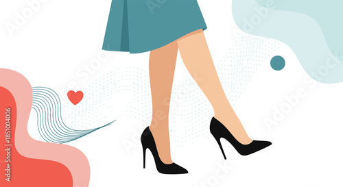 Stylish illustration of a woman's slender legs in black high heel shoes with an abstract background of colorful modern shapes.