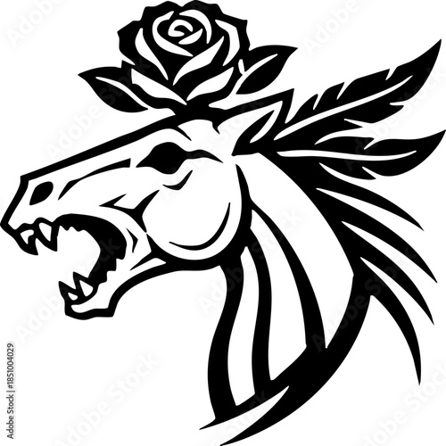 Monochrome Wild Horse Head Logo with Rose and Feathers