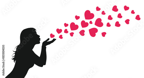 Romantic silhouette of a woman blowing a kiss, with a stream of pink hearts floating away from her on a white background.