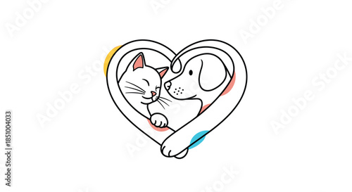 A heartwarming continuous line drawing of a cat and a dog hugging inside a heart shape, symbolizing pet love and friendship.