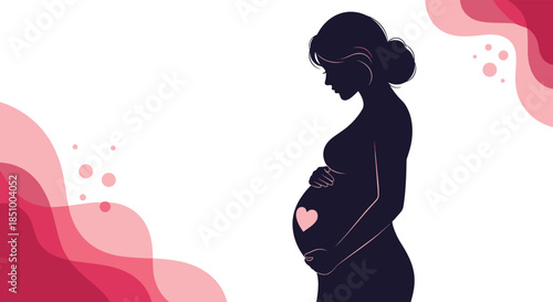 Tender silhouette of a pregnant woman caressing her belly with a small pink heart, against an abstract background with copy space.