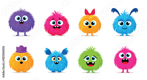 A charming collection of eight cute and colorful fluffy cartoon monsters with big googly eyes and various funny expressions.