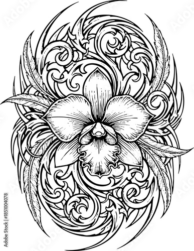 Detailed hand drawn orchid flower with ornamental tribal swirls