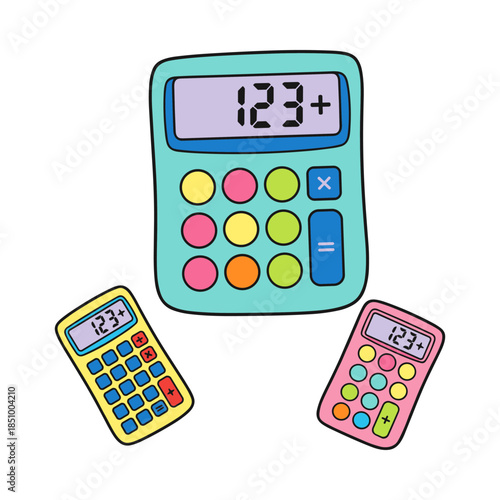 Three colorful cartoon calculators doing math calculations