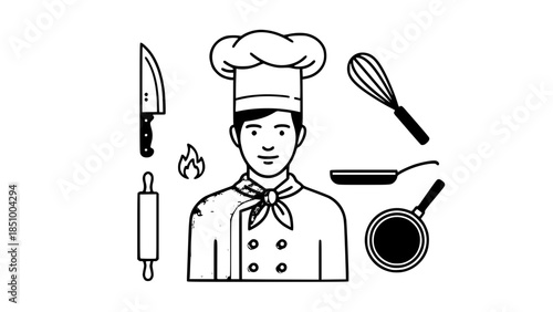 Flat vector illustration of chef wearing uniform and hat, kitchen elements minimal, warm colors, professional cooking concept, isolated on white background