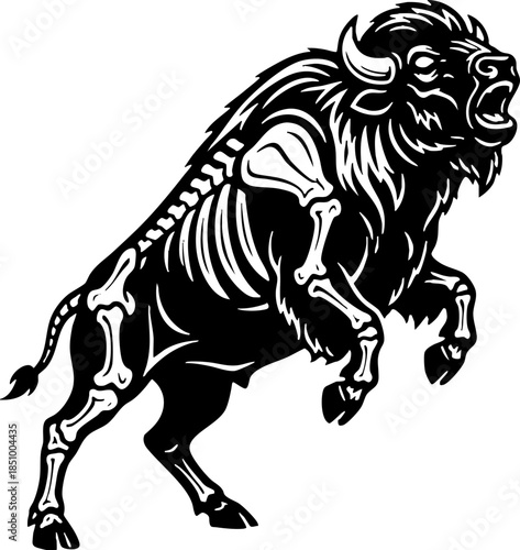 Aggressive Bison Skeleton Illustration Black and White Graphic
