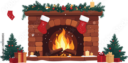 Cozy Christmas Fireplace with Stockings and Fire Vector