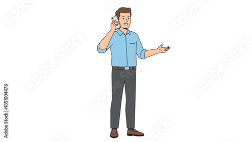Man in Blue Shirt Talking on Phone Gesturing with Hand.