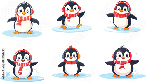 Cute Christmas Penguin Sliding on Ice Vector Illustration