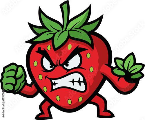 Funny angry red strawberry cartoon character illustration isolated on white background