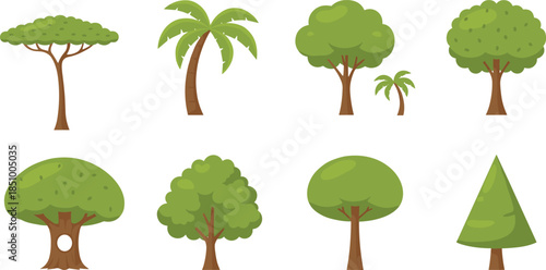 Flat vector set of green trees and palm trees cartoon nature illustration collection for forest landscape ecology design elements