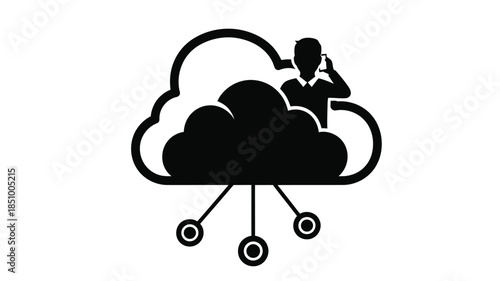 Man sitting within a cloud shape speaking on a phone connected to multiple points
