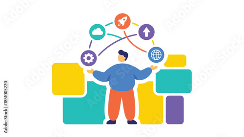 Man juggling business and technology icons representing multitasking and project management.