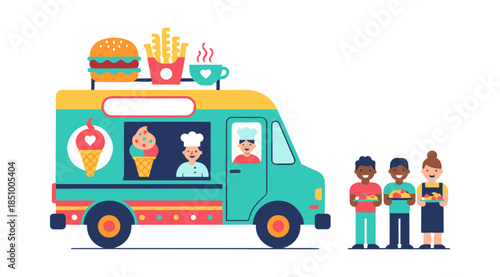 Food truck serving street food and ice cream to people