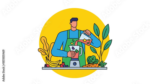 Man making a healthy smoothie with fresh fruits and vegetables.