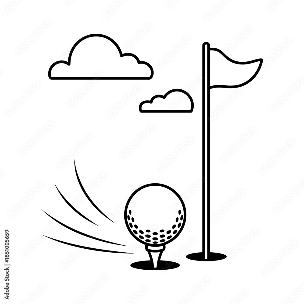 Fototapeta premium A simple line art illustration of a golf ball on a tee near a flag on a golf course