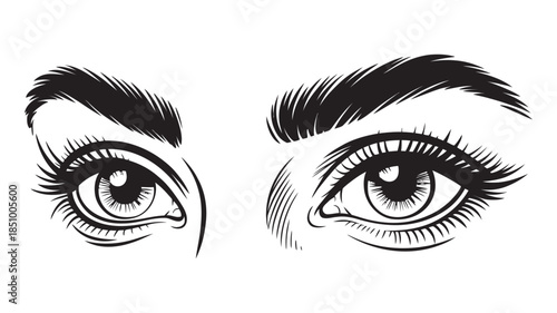 Detailed black and white illustration of human eyes with thick eyelashes and eyebrows