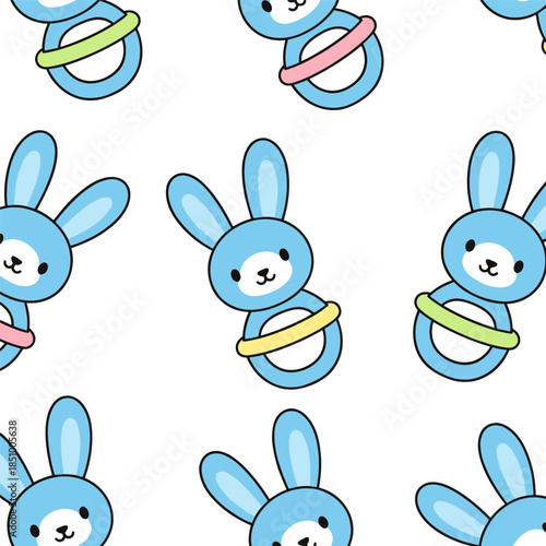 Blue bunny baby rattles seamless cartoon pattern