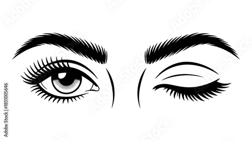 A playful winking eye illustration with prominent eyebrows and long eyelashes