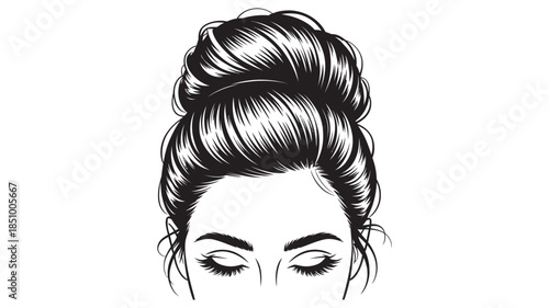 A beautiful illustration of a woman with her hair tied up in a messy bun and eyes closed