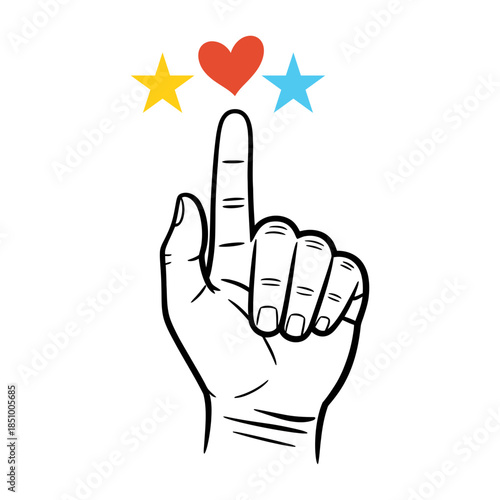 A hand points to social media-style rating symbols, including a heart and two stars.