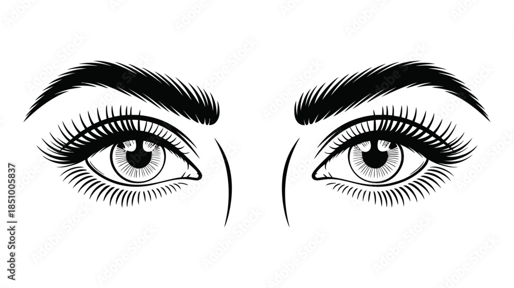 Fototapeta premium Beautiful symmetrical female eyes illustration with thick eyelashes and full eyebrows