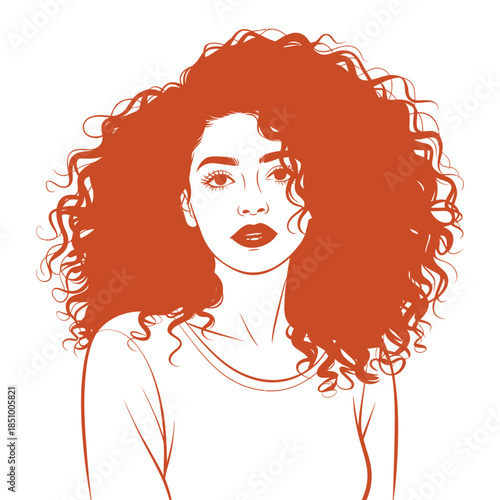A stylized illustration of a woman with large, voluminous red curly hair