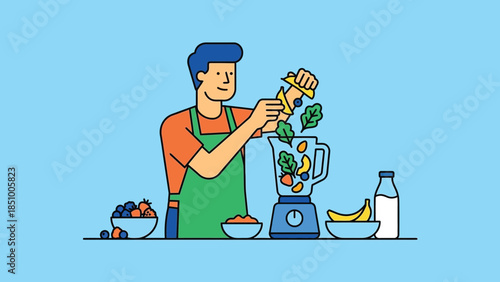 Man Preparing Healthy Smoothie Ingredients in Blender.