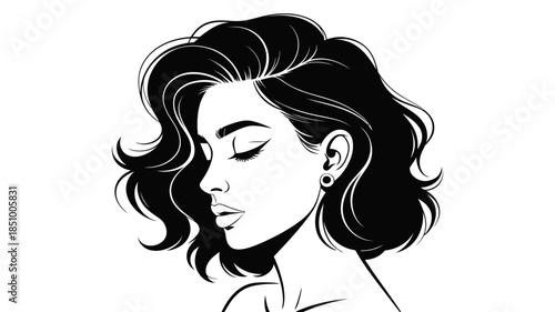 Minimalist black and white profile illustration of a serene woman with wavy hair