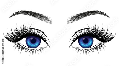 Beautiful and striking illustration of blue eyes with long eyelashes and defined eyebrows