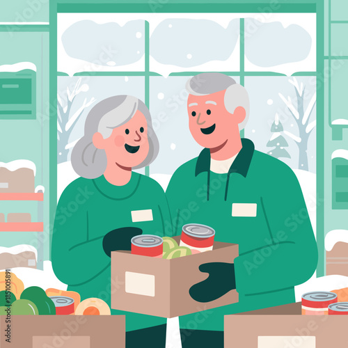 Smiling senior volunteers, positive mood, packing food donation boxes for community charity inside cozy winter shelter, social services and charity for people words concept